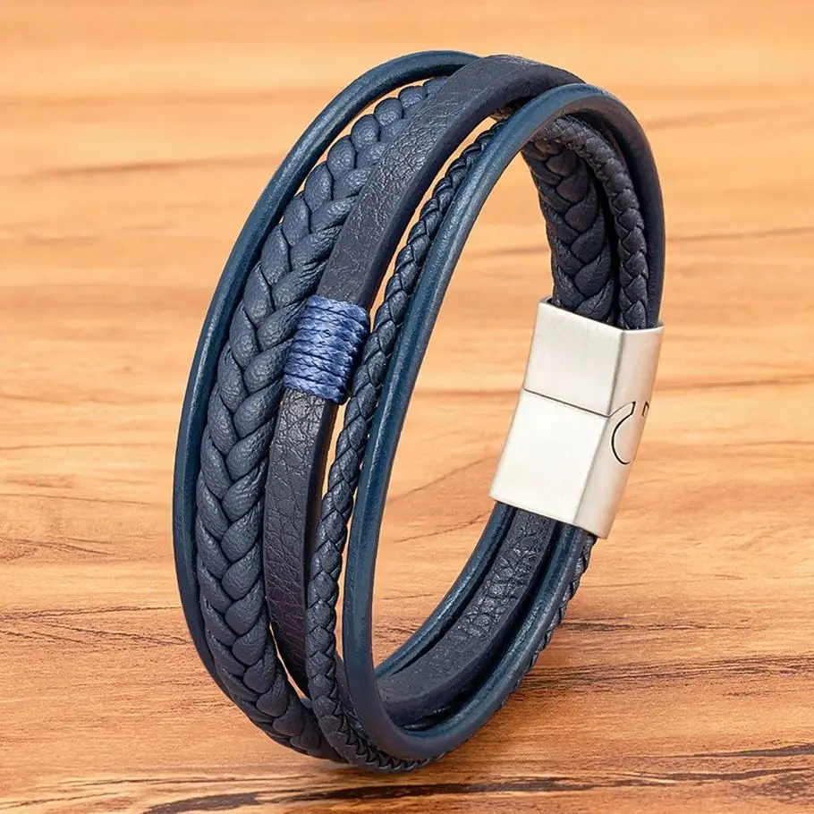 XQNI Fashion Men Multi-layer Vintage Leather Braided Rope Bracelet Stainless Steel Magnetic Buckle Bangle Accessories Jewelry