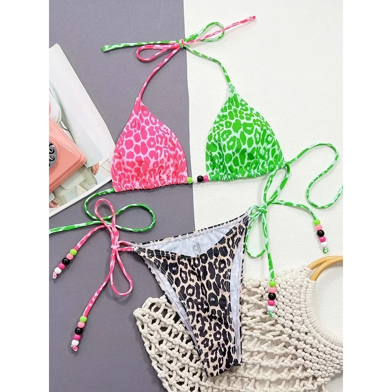 Leopard Splicing Halter Bikini Women Swimwear Female Swimsuit Two-pieces Bikini Set High Cut Bather Bathing Suit Swim Beachwear
