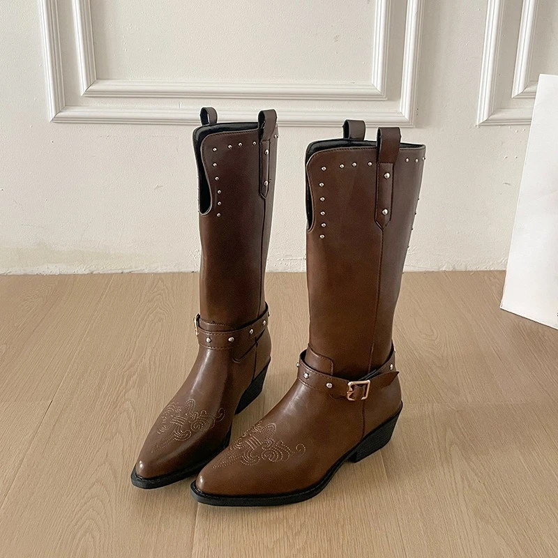 

Knight Boots Autumn New Pointed Toe Sleeve Studded Embroidered Non-Slip Block Heel Tall Boots