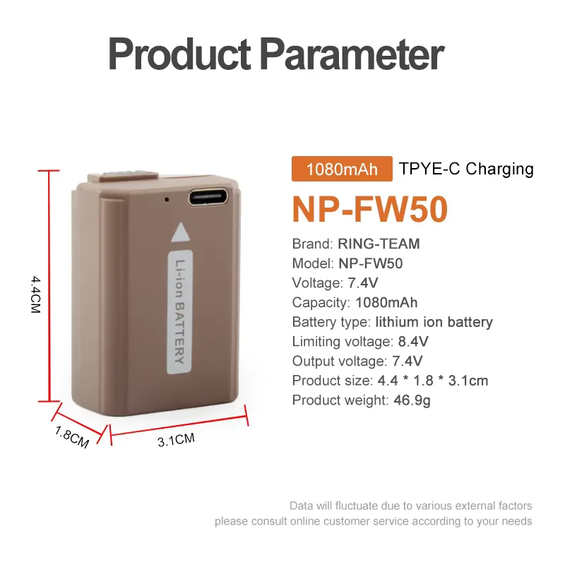 Batería de cámara TNP-FW50 NP FW50 de 1080mAh con entrada de carga tipo C para Sony Alpha a6500 a6300 a6000 a5000 a3000 NEX-3 a7R ZV-e1