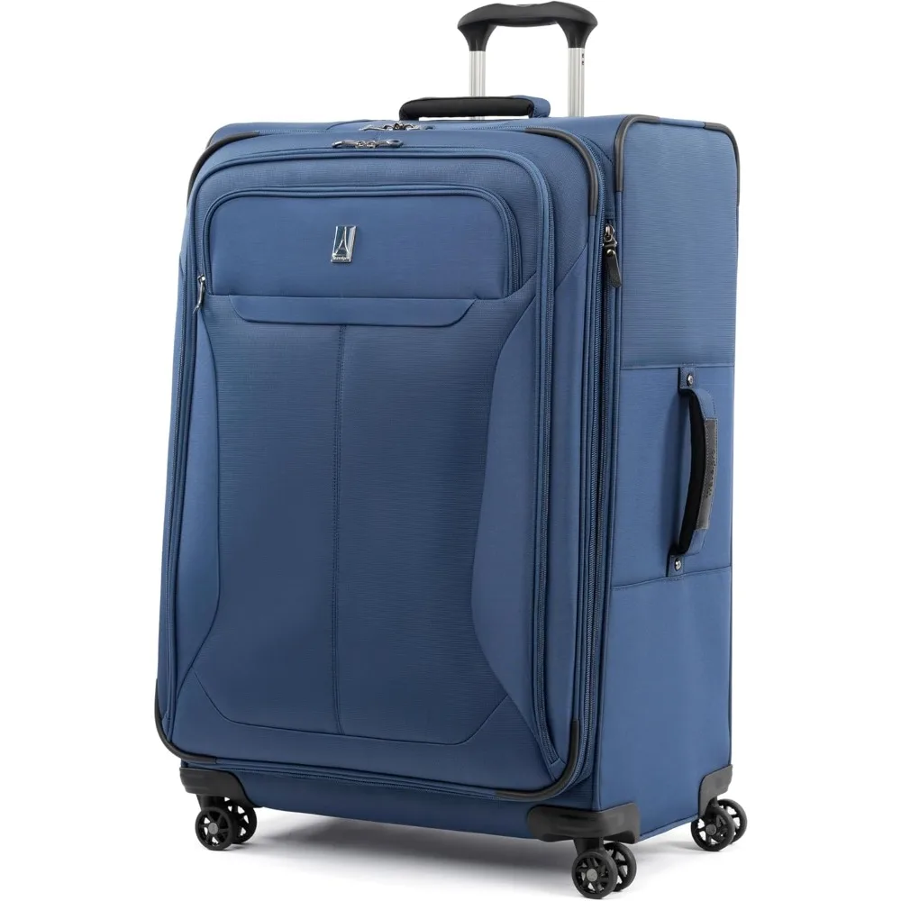 Lightweight Expandable 29 Inch Suitcase with 4 Spinner Wheels, Large Checked Luggage, Blue Softside Travel Bag