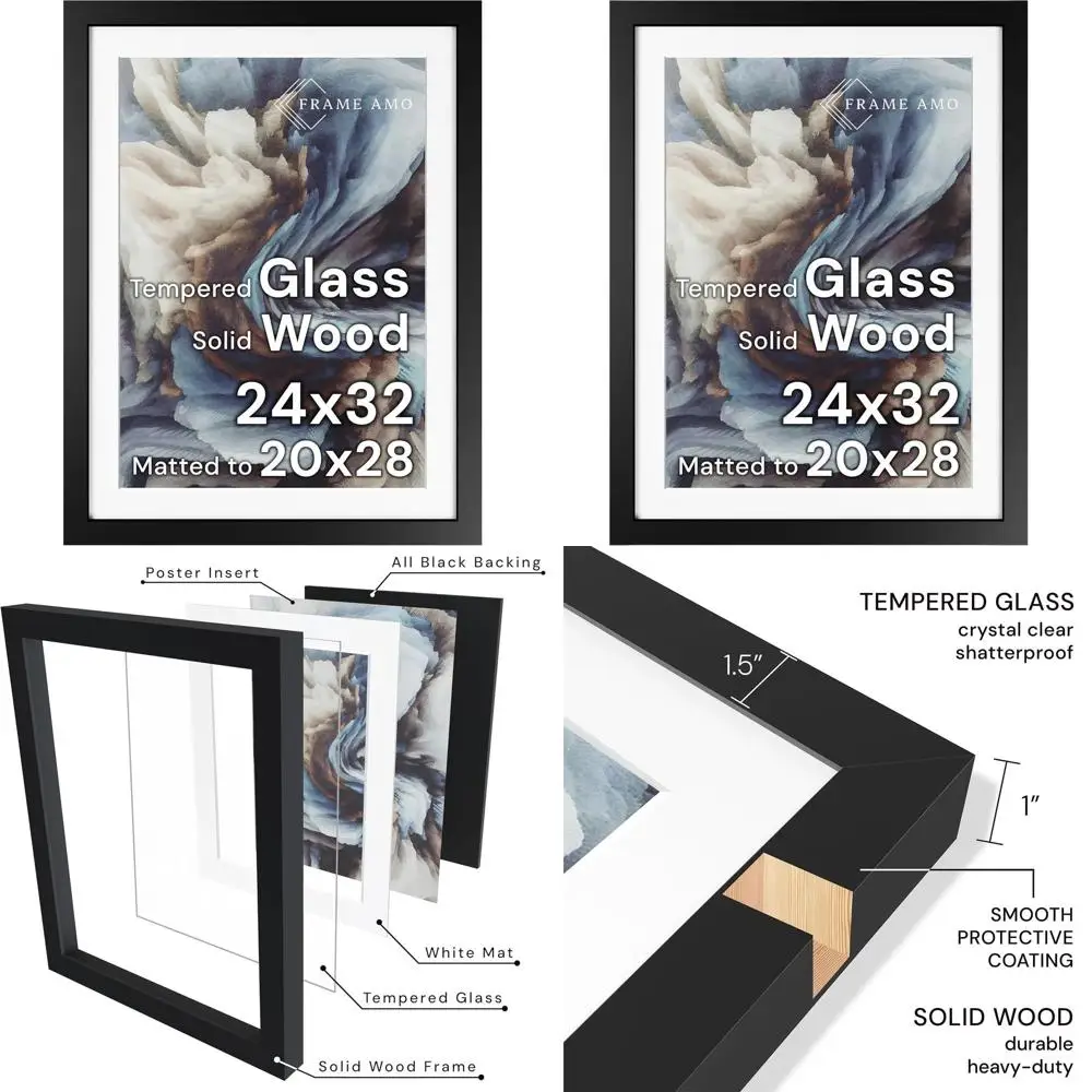

Элегантная черная деревянная рамка 24x32 с белым ковриком для искусства 20x28, закаленное стекло, ширина 1,5, толщина 1, качество премиум-класса