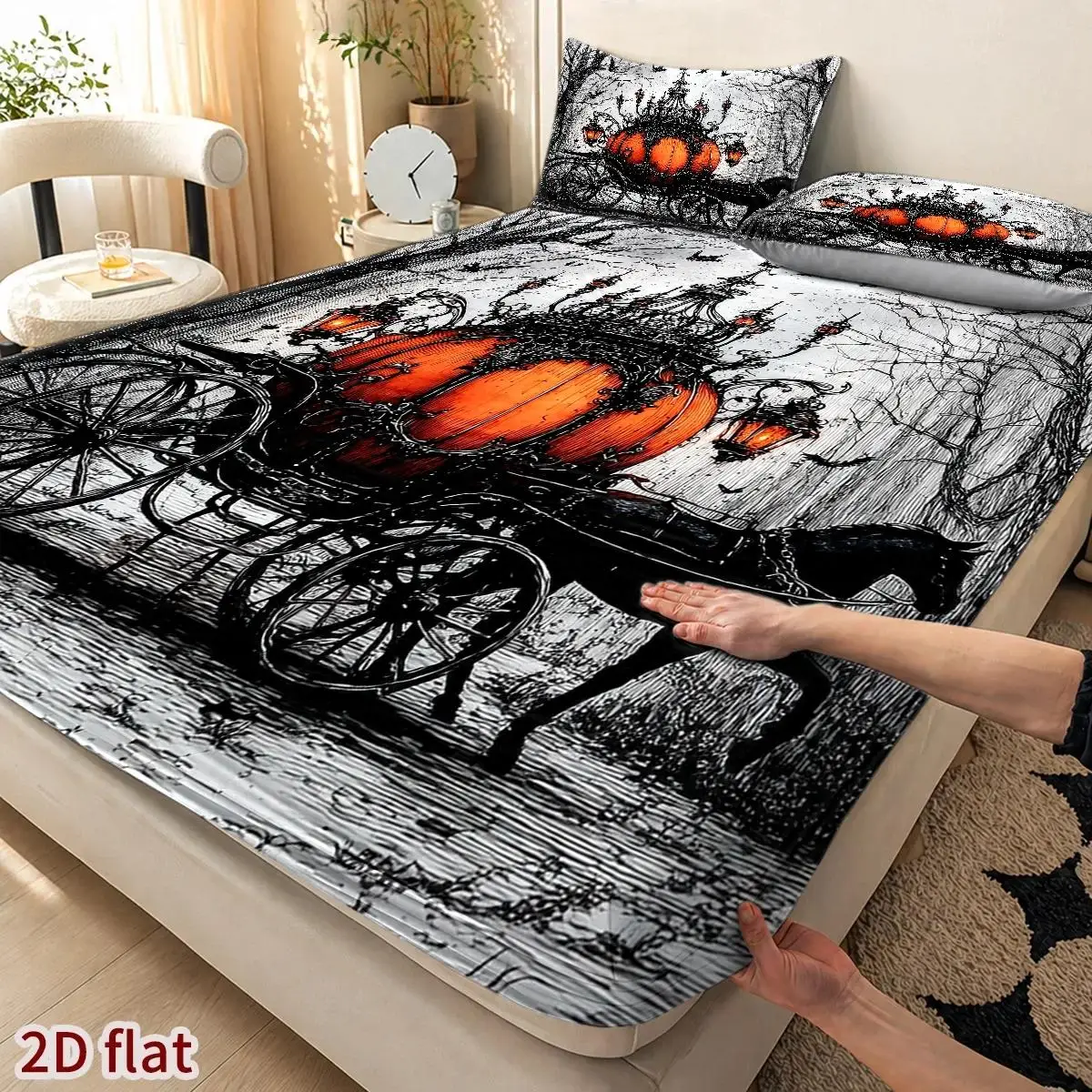 2D Digital Printed Three-Piece Bedding Set (Includes 1 Fitted Sheet + 2 Pillowcases) Mattress Protector, Fitted Elastic Style, Protective Cover, 2D Flat Priting, Mattress Protector, Pumpkin Carriage Fantasy Fairy Tale Theme, Gothic Dark Illustration Style, Halloween Carnival Season, Suitable for All Seasons, Machine Washable Design, Holiday Decoration, Various Sizes, Breathable Protective Cover Plus Pillowcase