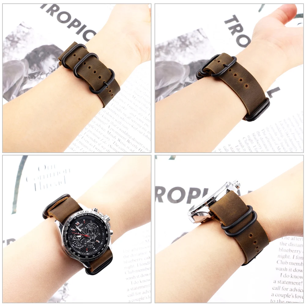 Handmade Crazy Horse Leather Strap 22mm Coffee Men Watch Strap Vintage Leather Watch Band with Five Rings Buckle