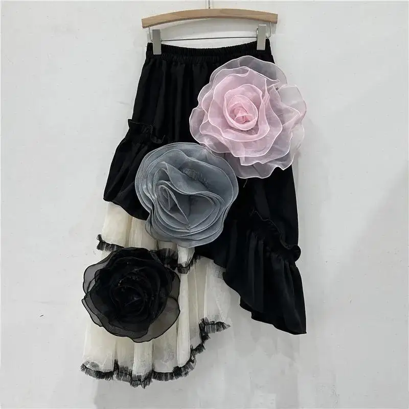 Skirts Women Mid Length Skirt A Line Mesh Splice Ruffle Irregular Floral Elastic Waist Elegant Y2k Streetwear Work 2026 Spring