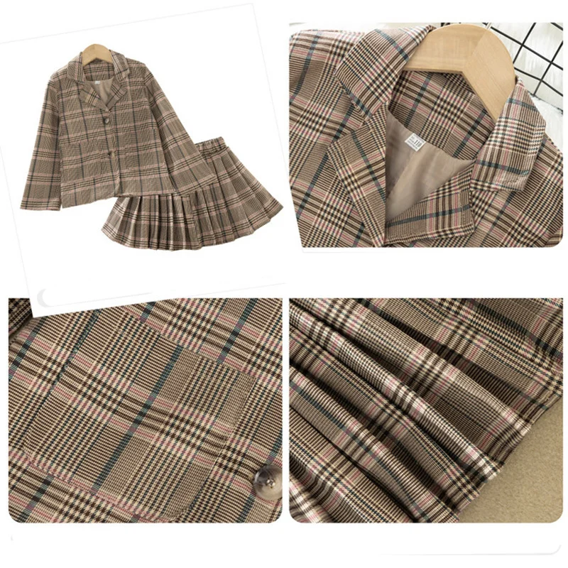 Fashion Wedding Kids Suit for Girls Formal Pant Suits for Teenager 2PCS Blazer Set Brand Plaid Children Wedding Jacket Skirt Set