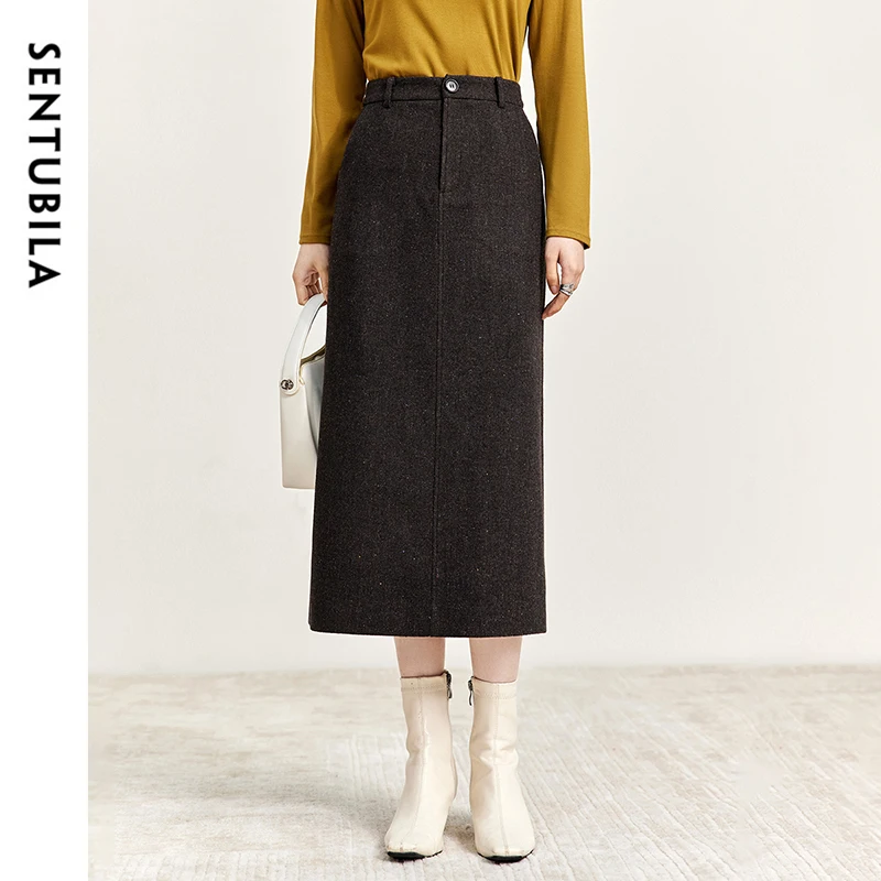 SENTUBILA Straight Wool Skirt Women 2024 Winter Vintage Elegant Tweed High-waist Slit-hem Temperament Long Skirts 144Q56942