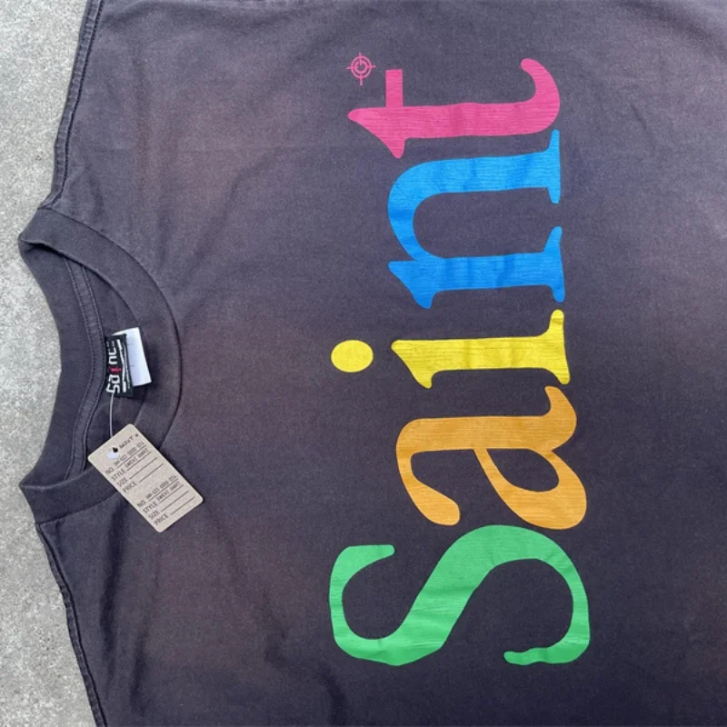 Sain Vintage Crackle Colorful Letters Printed T-Shirt Mens Womens Best Quality Washed Gray Street Clothing T Shirt Tops