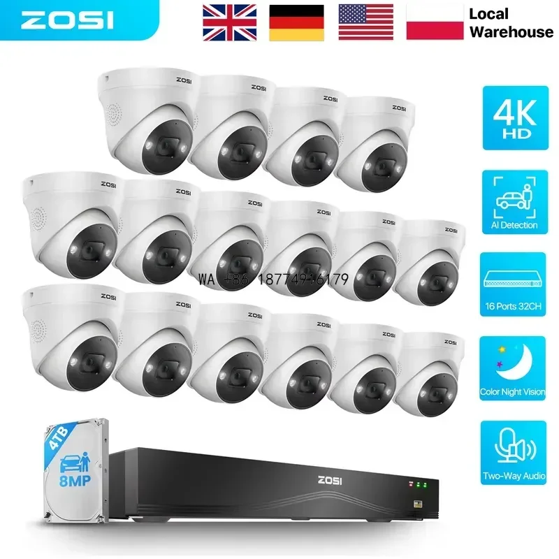 wmwmnu ZOSI 4K PoE CCTV Full System Kit 16 Port 32CH Dual-Disk NVR 2-Way Audio 8MP Video Surveillance Home Business