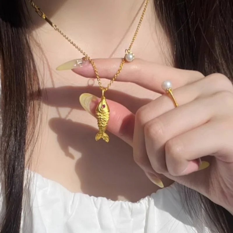 Annual fish pendant, good luck koi fish, golden necklace for women, high-end gift