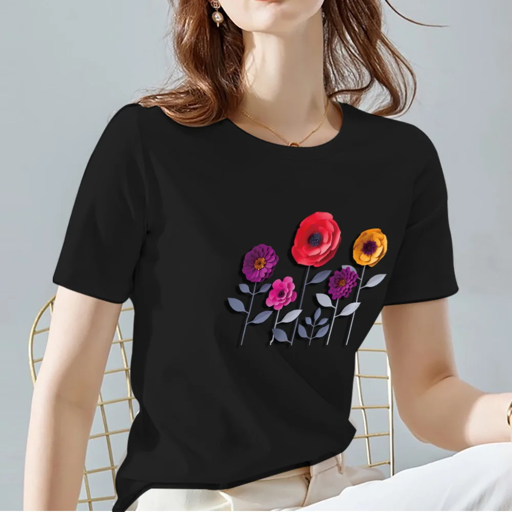 Straat Zwarte Vrouw T-shirt Forens Casual Slanke Top Trend 3D Bloem Patroon Top Ronde Hals Dames Korte Mouw Zomer Kleding