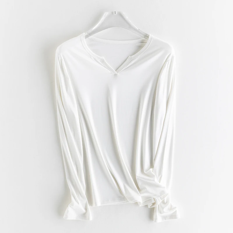 SuyaDream Women Solid T Shirt, Silk Viscose Blend, V Neck, Long Sleeves Chic Shirt 2025 Spring Summer Cozy Top, White, Grey