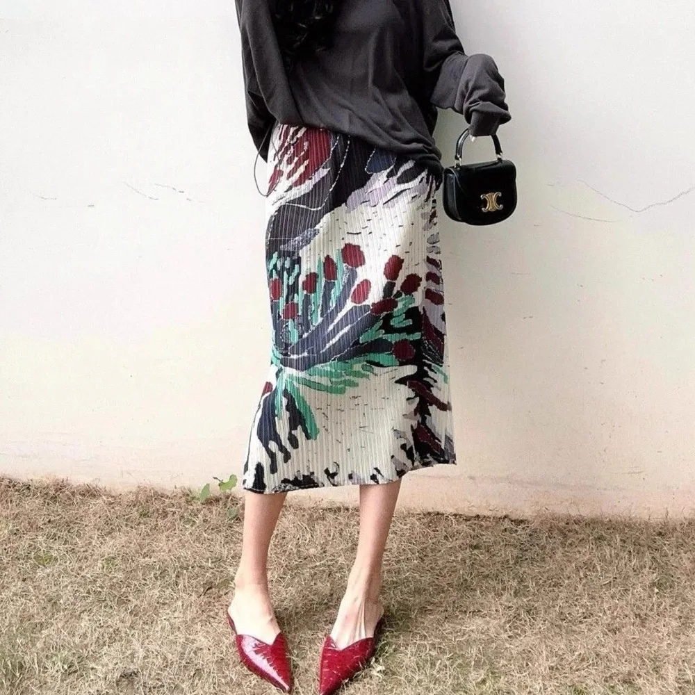

Midi Print Skirts Women Vintage Summer Holiday Back-slit Mujer Aesthetic Prairie Style Office Lady Ins Temperament Casual Daily