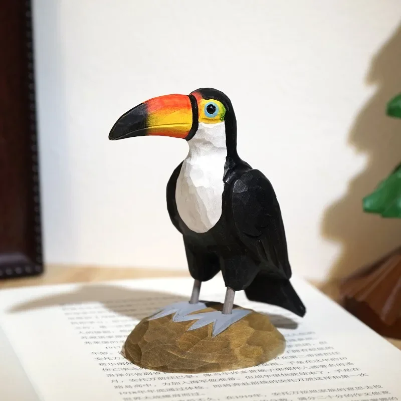 Cute Hand Carved Wooden Toucan Figurine Animal Model Ornament Creative Decor For Home Office Desk Computer Table TV Cabinet Gift