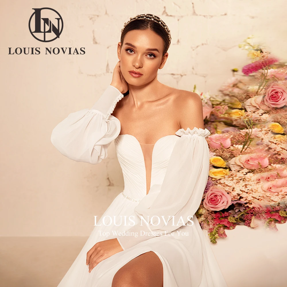 LOUIS NOVIAS Spitzenhochzeitskleid mit abnehmbaren drapierten Puffärmeln, trägerlosem Pinselschleppe, rückenfreiem Brautkleid, Vestidos De Novia