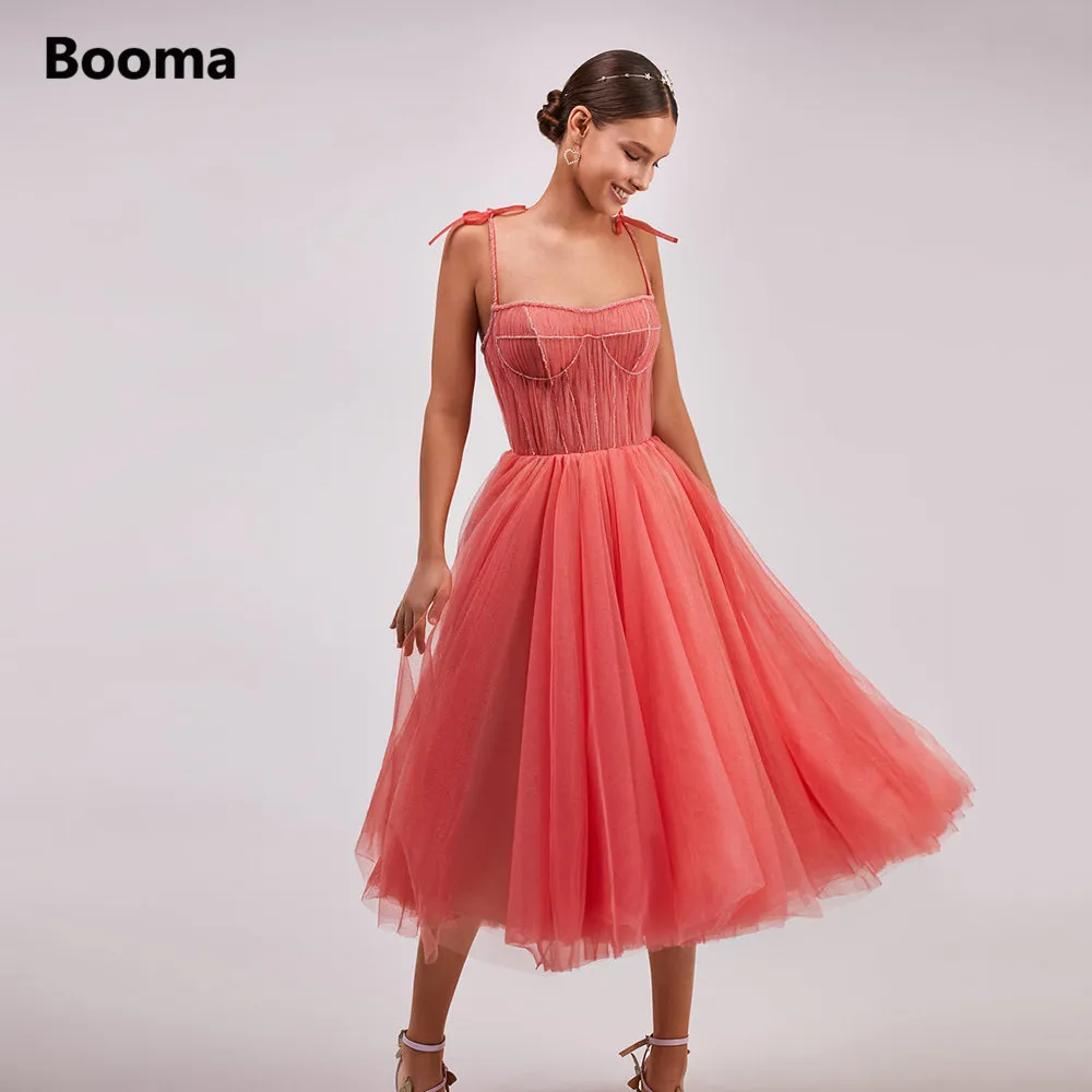 Booma Coral Tulle Midi Prom Dresses Spaghettibandjes Kralen Corset A-lijn Wedding Party Jurken Thee-Lengte Formele Partij Jassen