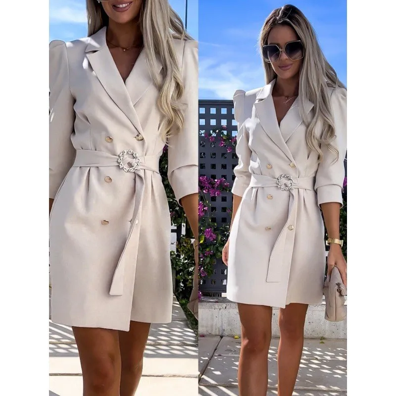 Fashionable Women\'s New Suit Jacket Dress With Double Breasted Buttons And Belt V-neck A-line Skirt Solid Color Office Women