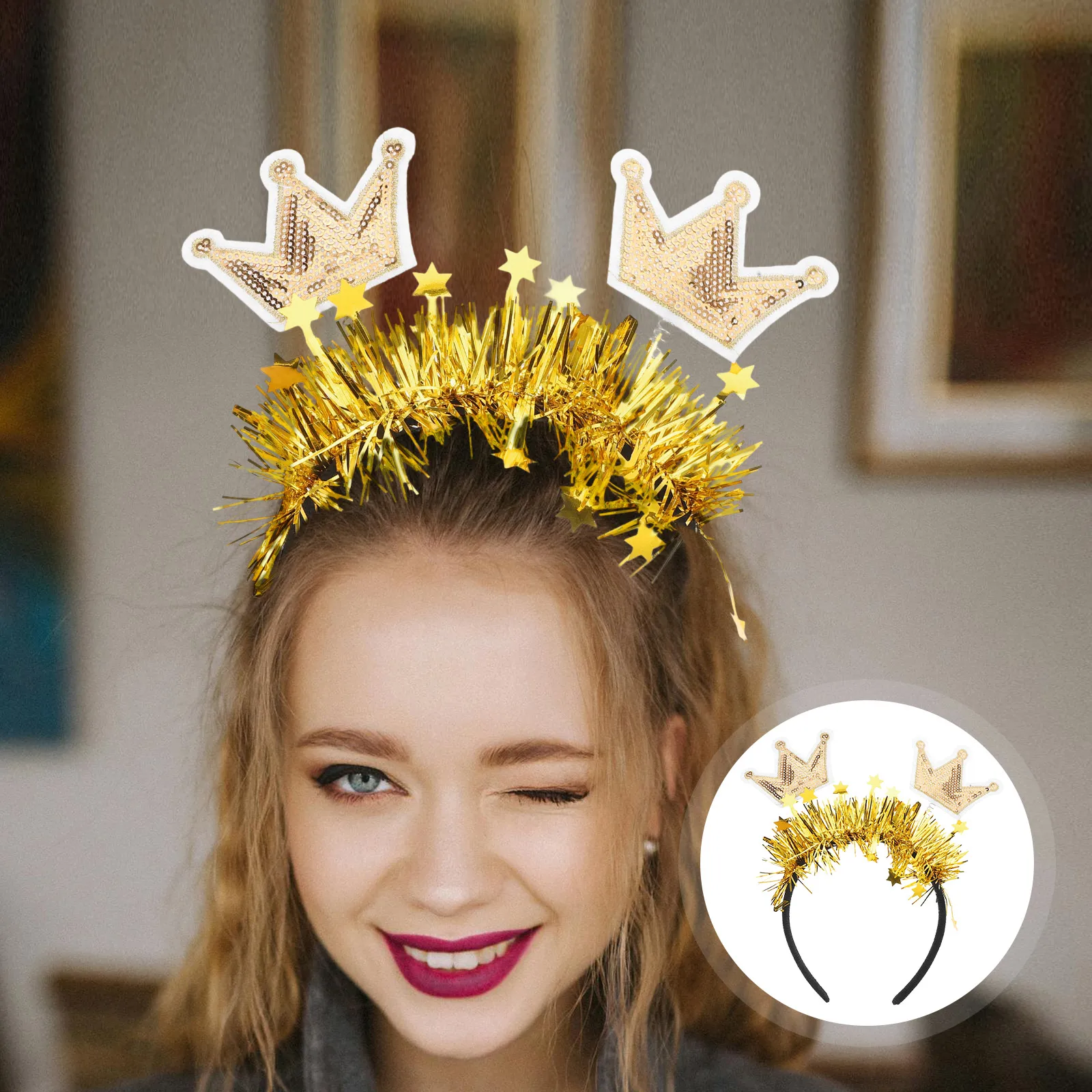 

2025 New Year Shiny Golden Crown Headband Women Party Hairband Decorative Sparkle Sequin Comfort Fit All Sizes Birthday Wedding