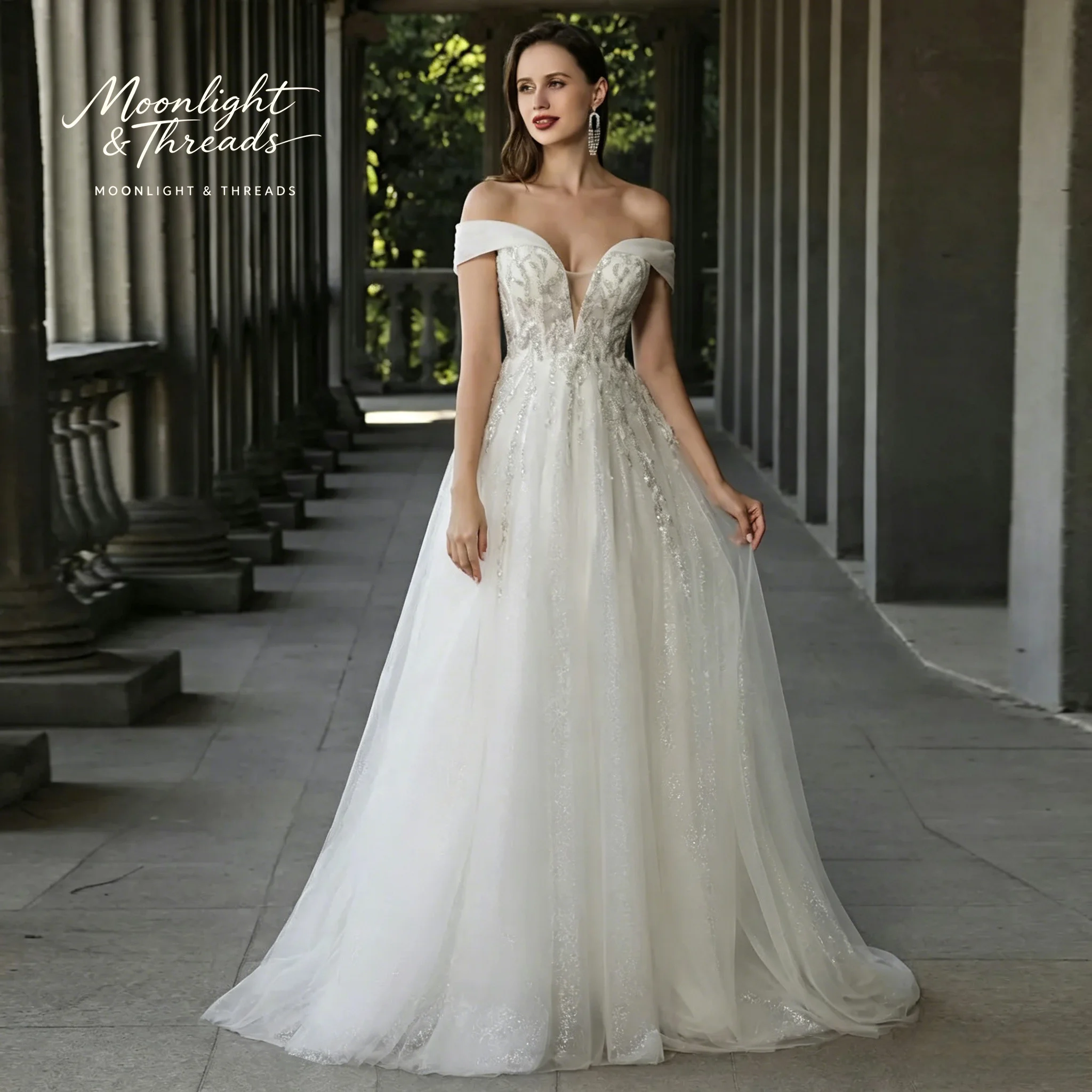 

Ivory Off-Shoulder V-Neck Sleeveless Floor-Length Formal Wedding Ball Gown with Beaded Embroidery and Open Back