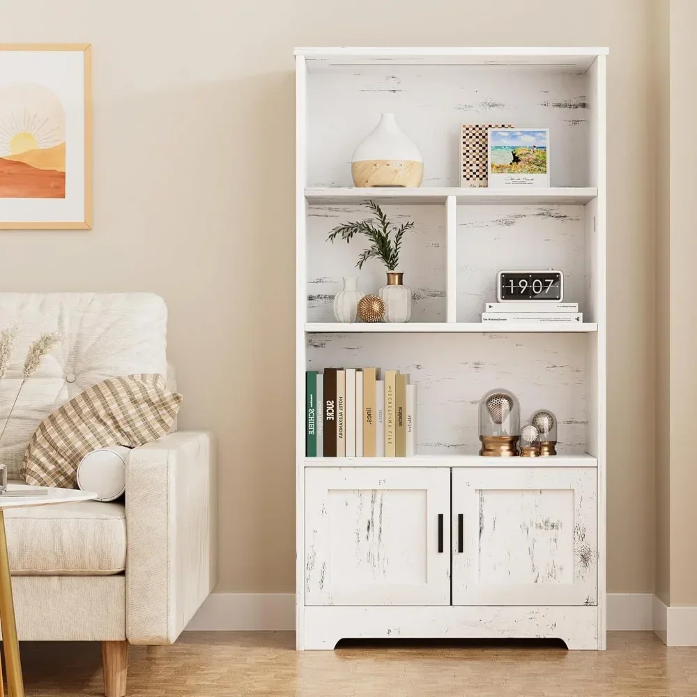 

Wood Bookcase with Doors White Bookshelf with LED Lights Modern Storage Rack 3 Shelf Standing Bookshelves