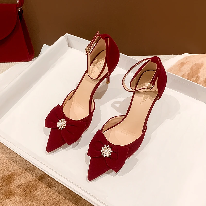 

Wine Red Suede Wedding Shoes Women New Pear Bowknot French Bride Dress Sandals Hollow Pointed Toe Ankle Strap Stiletto High Heel