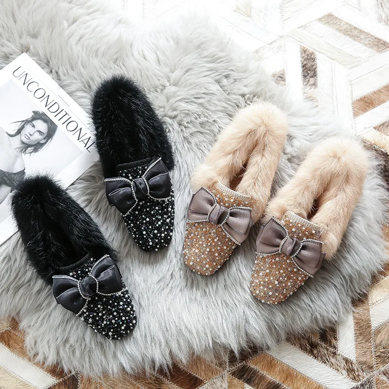 

Butterfly Knot Loafers Women Low Heels Shoes Square Toe Rabbit Fur Shallow Autumn Winter Slip on Comfortable Rhinestone Slides