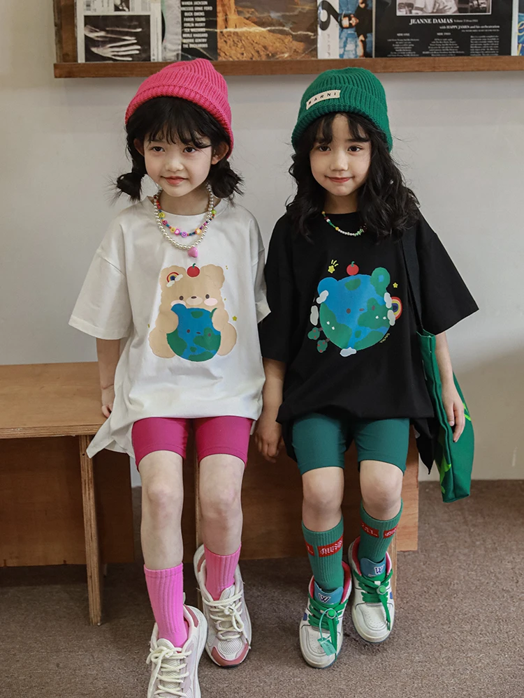 

2023 Girls' Summer Round Neck T-shirt Short Sleeve Cartoon Bear Casual Pullover Mid Length Top Children Fashion Cotton Tees