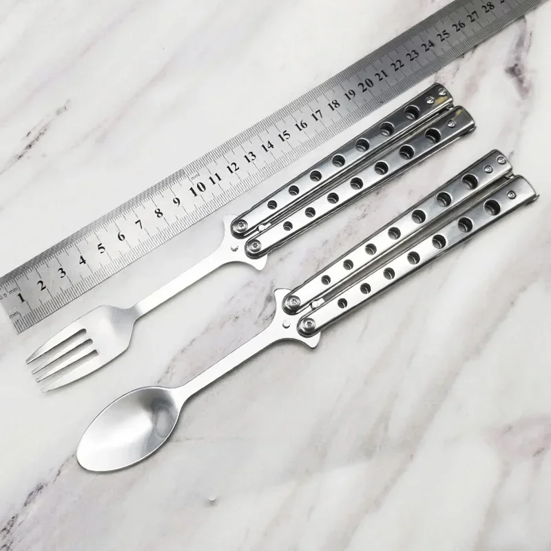Foldable Butterfly Knife Portable Stainless Steel Butterfly Fork Spoon Pocket Trainer Survival Knife Outdoor Game Training Tools
