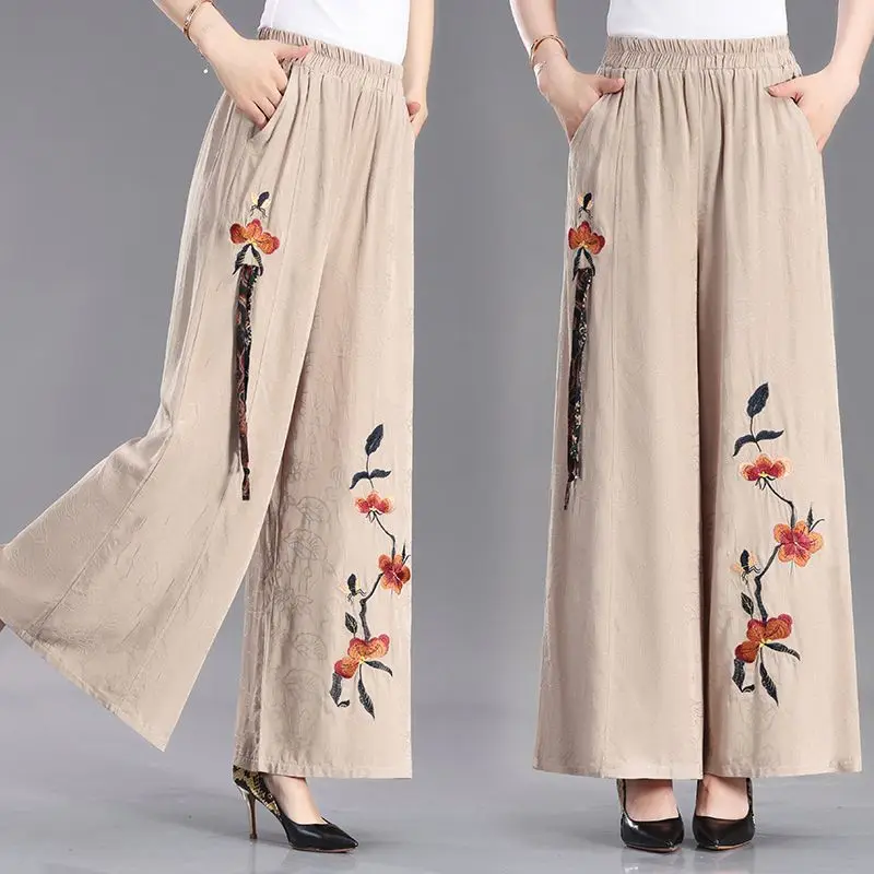 

National Trend Wide Leg Pants Spring New Fashion Loose Casual Embroidered
