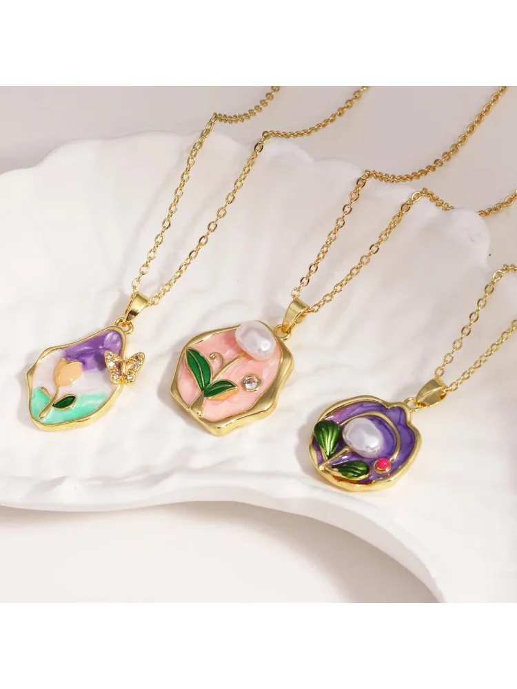 316L roestvrij staal kleurrijke druppel olie bloem hart onregelmatige ketting voor vrouwen meisjes vintage Franse delicate sieraden geschenken - afbeelding 2