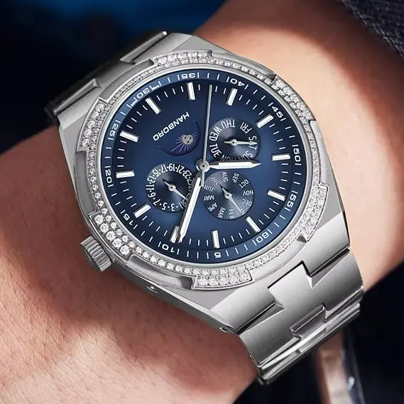 HANBORO Men Automatic Watch 42mm Mechanical Wristwatch Waterproof Luminous Sapphire Mirror Multi-Dial Month Week Date Sun-moon