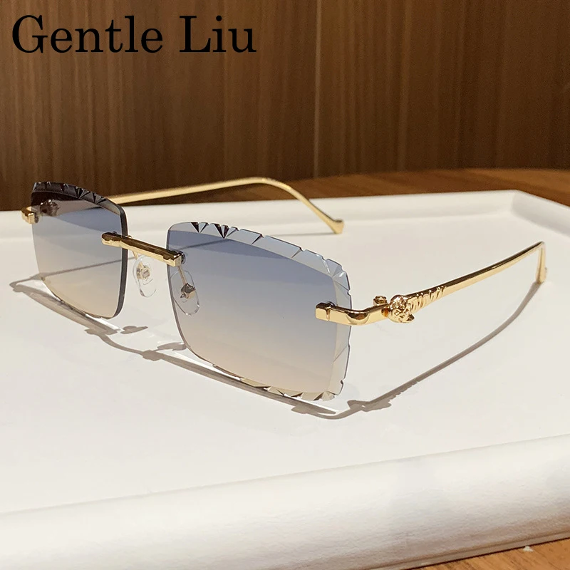 Fashion Small Rectangle Rimless Sunglasses Men 2025 Luxury Brand Square Frameless Metal Frame Cut Edge Eyewear For Male Shades