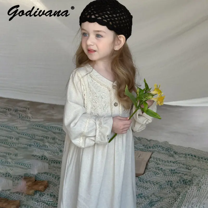 Baby Girls Spring and Autumn 2026 New French Vintage Court Dress Kids Sweet Embroidery Lace Long Sleeve V-neck Princess Dresses