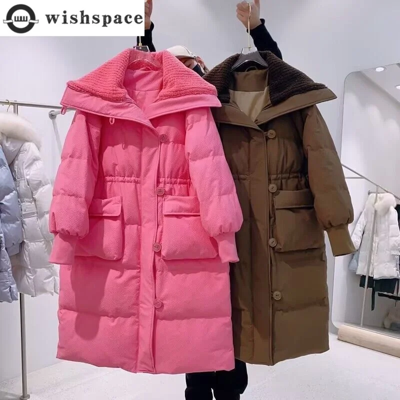 Medium to Long Casual Cotton Jacket with Lamb Wool Collar Down Cotton Jacket Women\'s Winter Thick Coat Parka Coat Windbreaker