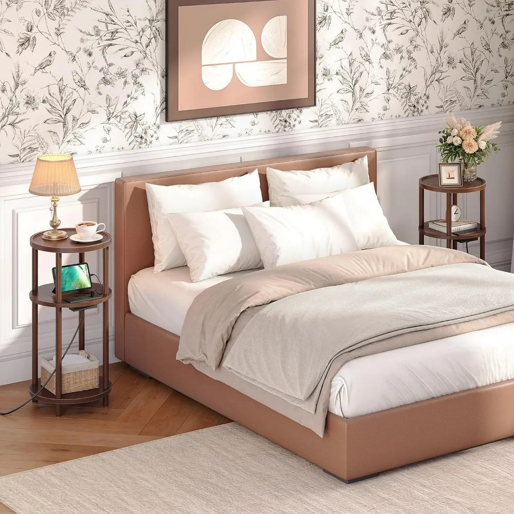 HOOBRO Lot de 2 petites tables d'appoint rondes avec station de recharge, tables d'appoint rondes en bambou à 3 niveaux, tables de chevet compactes pour canapé, faciles