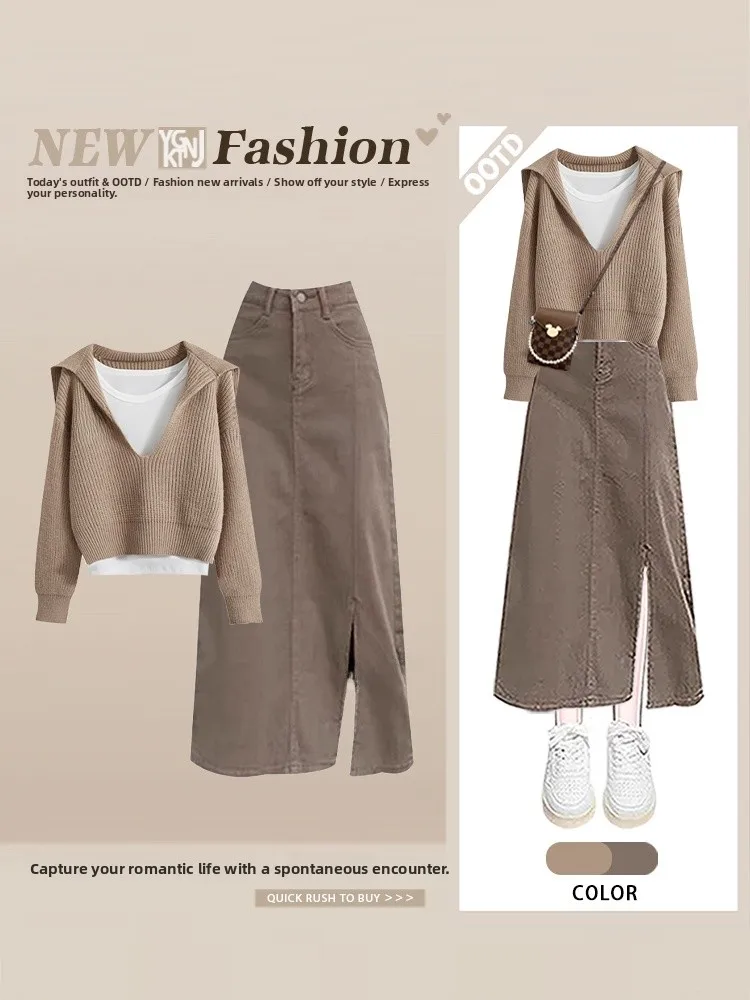 

Ретро американский модный ленивый вязаный свитер цвета хаки, осенне-зимний жилет, комплект с внутренней юбкой, женский повседневный комплект Sle Ens...