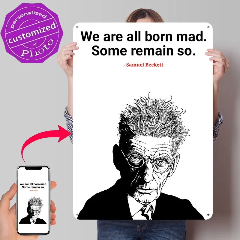 Samuel Beckett Quote Portrait Illustration 3D Printed Texture Poster Personalized Wall Art Retro Metal Tin Signs for Wand Deko