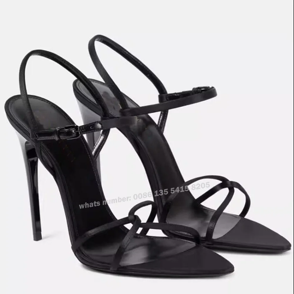 

Black Satin Cross Slingback Sandals Pointed Toe Stiletto Heels Buckle Women's Sandals Solid Ankle Strap Summer Newest 2024 Sexy