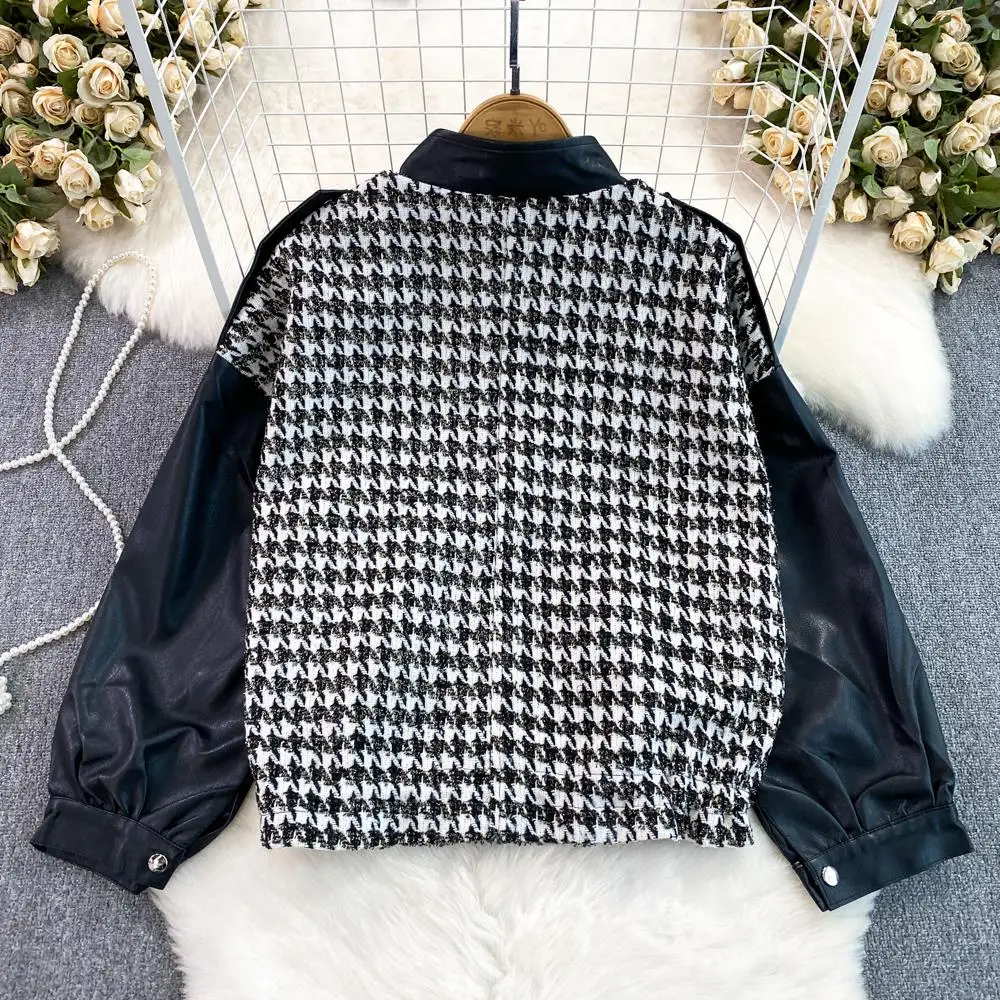 Faionable Plaid ort Stand Collar PU cuero empalme Jaet mujer Otoño Invierno béisbol Sle Casual rompevientos moda