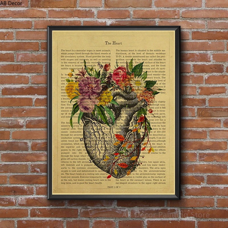 Pósteres de anatomía de corazón humano/pulmón/treso/cerebrum con flores y descripción, impresiones Retro, decoración médica para el hogar, pintura