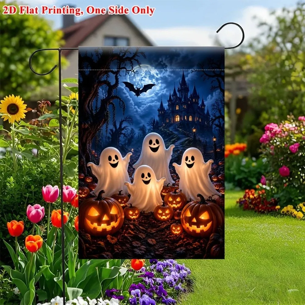 2D Flat Print Halloween Garden Flag Spooky Single Sided Pumpkin Black Cat Cloth Polyester Haunted House Witch Ghost Yard Flag
