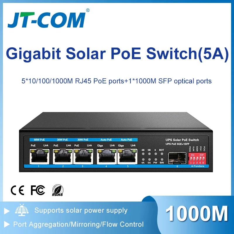 محول جيجابت سولار PoE ذو 6 منافذ مع شاشة (5A) مع منفذ فتحة SFP 1*1000M + منافذ PoE 5*100/1000M،