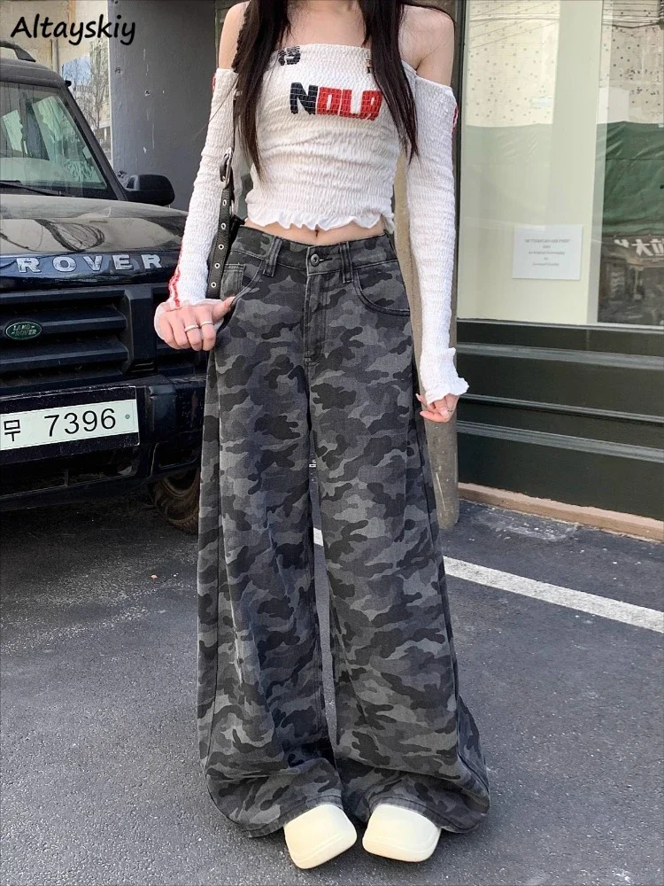 

Джинсы женские камуфляжные ретро модные с высокой талией и широкими штанинами универсальные свободные брюки для мытья полов повседневные корейский стиль осень Ins Fit Hot