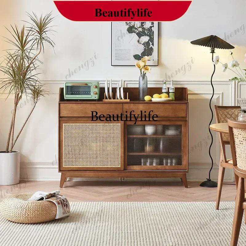 Japanese-style solid wood rattan dining side cabinet household simple double-door storage locker m138