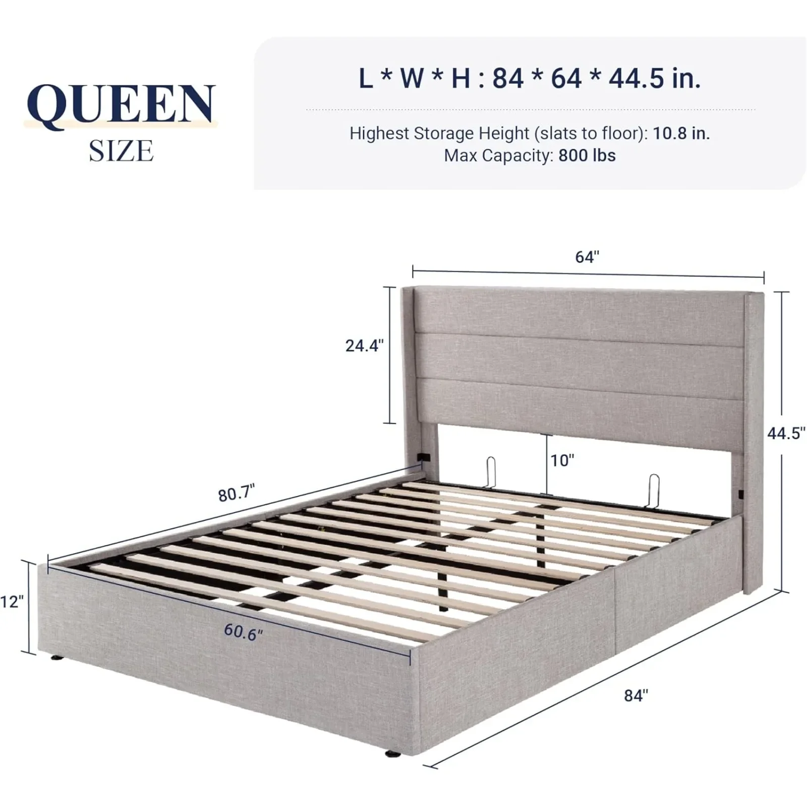 US Queen Size Lift Up Storage Bed, Modern Wingback Headboard, No Box Spring Needed, H