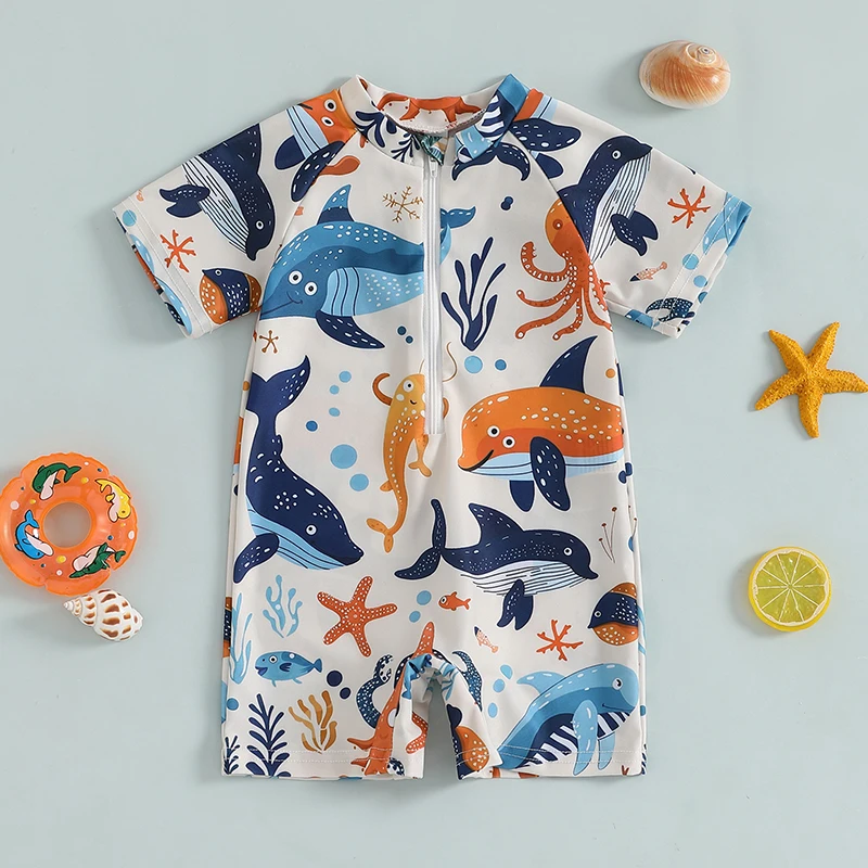 Toddler Baby Girl Boy Swimsuit Infant Zip Up Short Sleeve 1 Piece Swimwear Rash Guard Bathing Suit Sun Protection