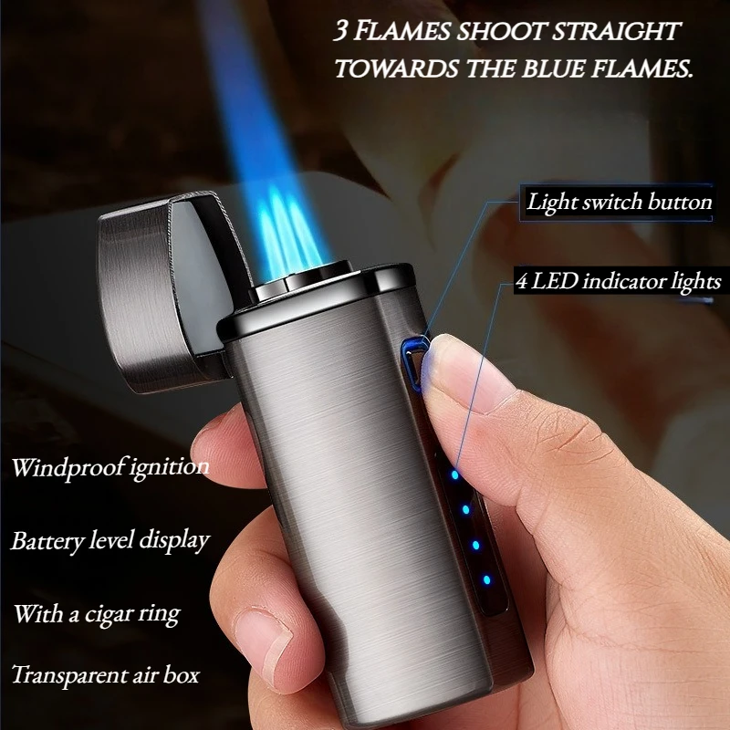 Windproof Power Display Gas Electric Integrated Lighter 3 Straight Punch Cigar Puncher High-end Men's Business Cigar Accessory