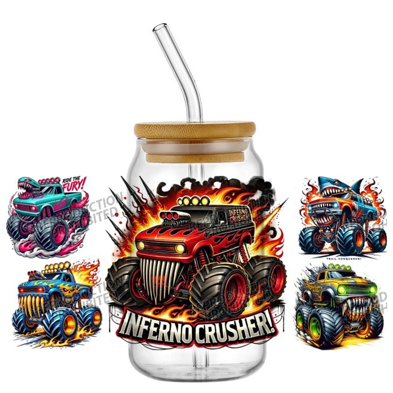 Monster Truck design UV DTF Wraps Transfer Sticker Selfadhesive Waterproof High Quality For 16OZ Libbey Glass Can home decoratio