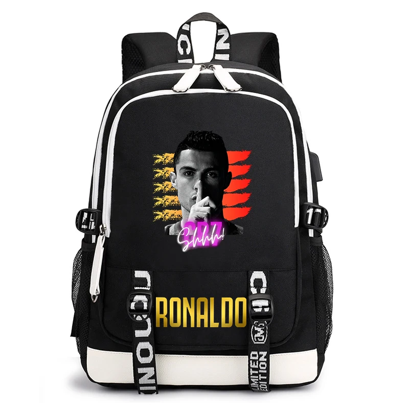 Mochila escolar con estampado de Ronaldo para estudiantes, mochila para niños, usb, bolsa de viaje para exteriores, bolsa informal negra