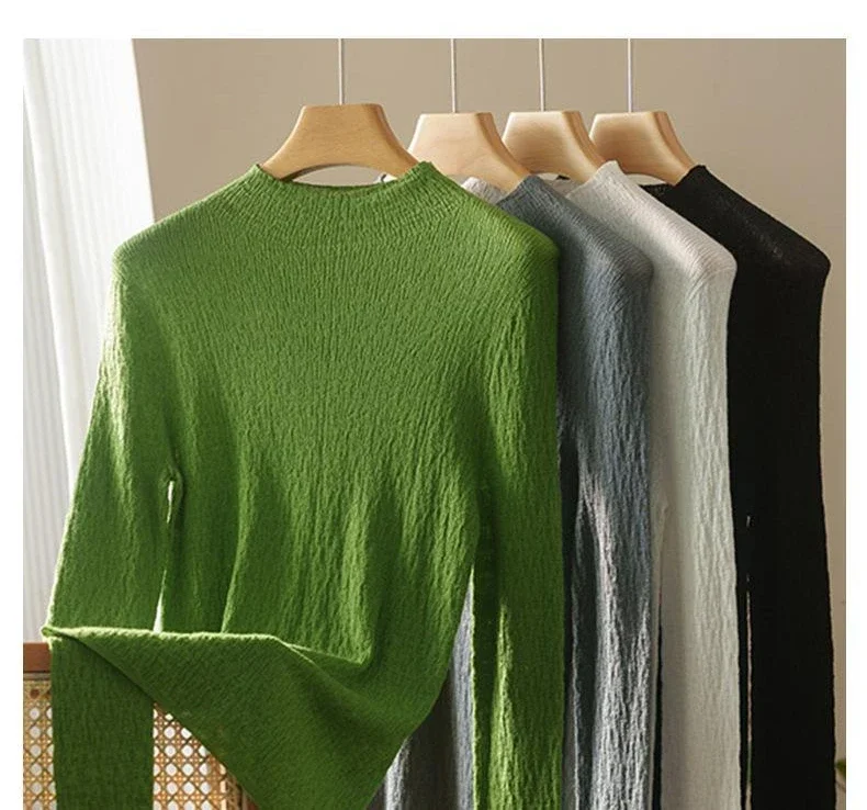 

Women's Autumn Seamless 60S Yarn 100% Australia Wool Knitted Shirt Round Neck Half High Collar Underlay Sweater Ladies' Tops